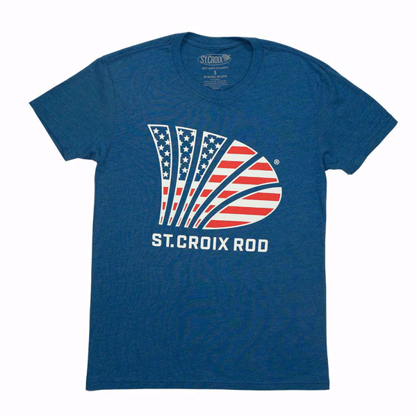 Blue tee with an Ameican flag in the St Croix Rod name and logo