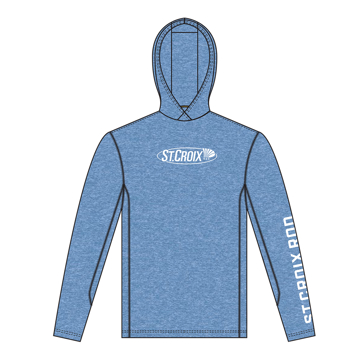 Image of a heather blue performance hoodie with white St. Croix logo on front and St. Croix Rod written down the arm