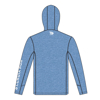 Image of a heather blue performance hoodie with white St. Croix logo on front and St. Croix Rod written down the arm - back view