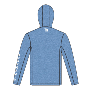 Image of a heather blue performance hoodie with white St. Croix logo on front and St. Croix Rod written down the arm