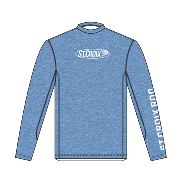 Image of a blue performance long sleeve shirt with white St. Croix logo on front and St. Croix Rod written down arm