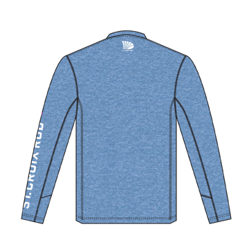 Image of a blue performance long sleeve shirt with white St. Croix logo on front and St. Croix Rod written down arm