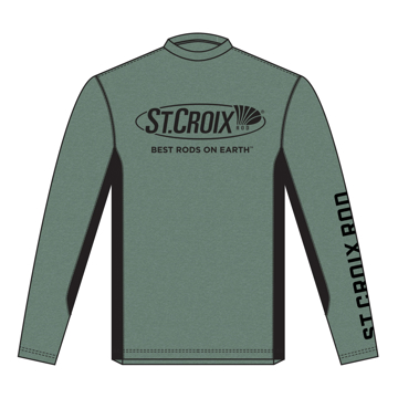Image of a green performance long sleeve tee with black St. Croix designs