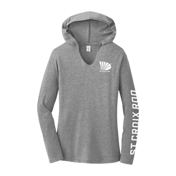 Image of a gray ladies hoodie with white St Croix logo and text