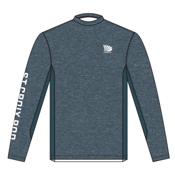 Image of a navy gray long sleeve performance shirt with St. Croix graphics in white