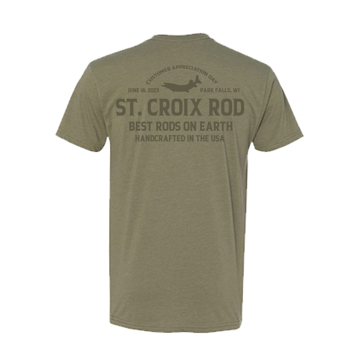 Image of an olive tee with dark green St. Croix designs - front view