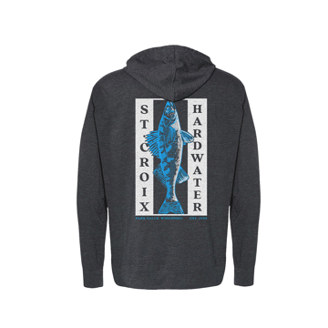 Image of a dark gray hoodie with white and blue St. Croix designs - front view