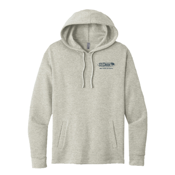 Image of a tan hoodie with yellow and blue St. Croix designs - front view