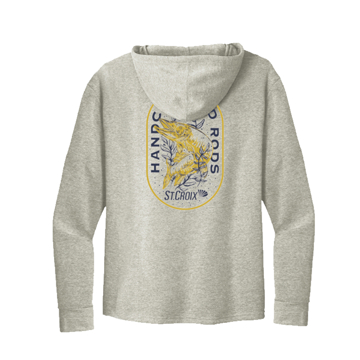 Image of a tan hoodie with yellow and blue St. Croix designs - front view