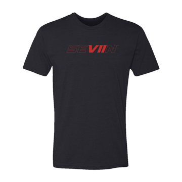 Image of a black tee with red Seviin design