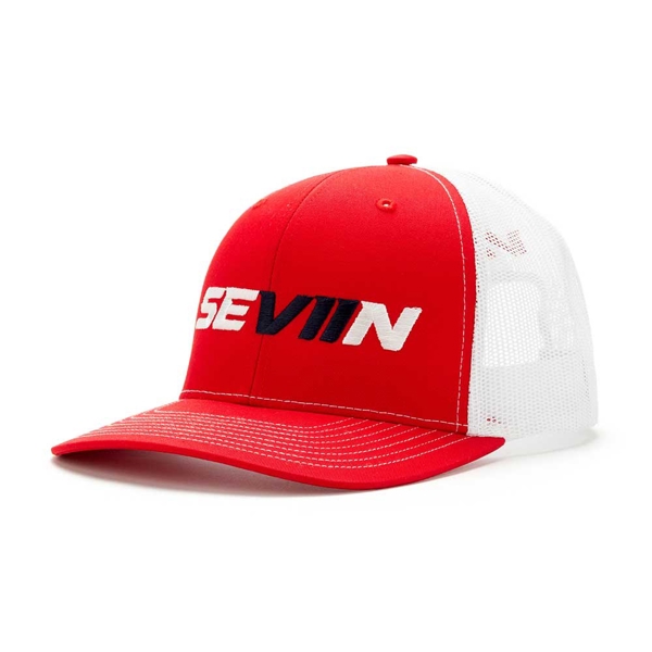 Image of a red hat with white mesh back and white and black Seviin logo on front