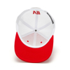Image of a red hat with white mesh back and white and black Seviin logo on front